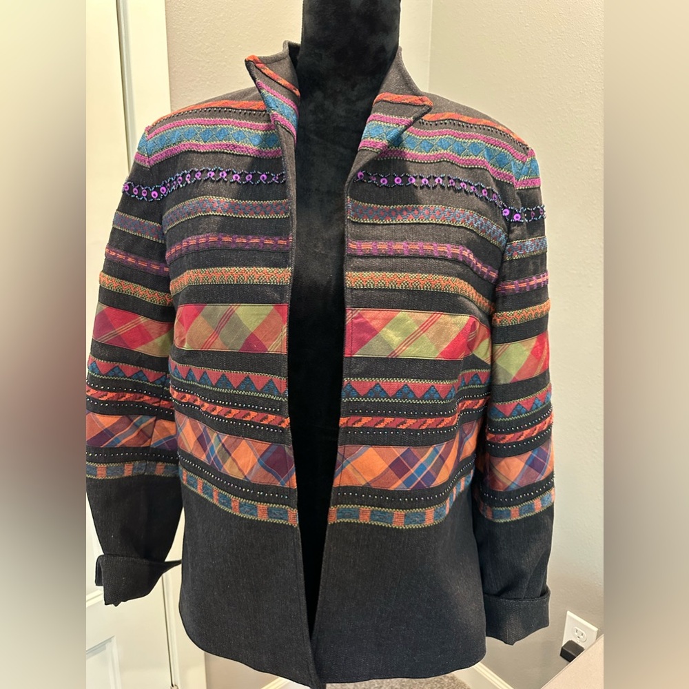 Coldwater Creek open front jacket, southwestern beaded sequin multicolor inserts